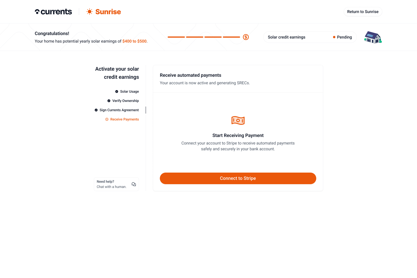 Currents Payment Setup Screen